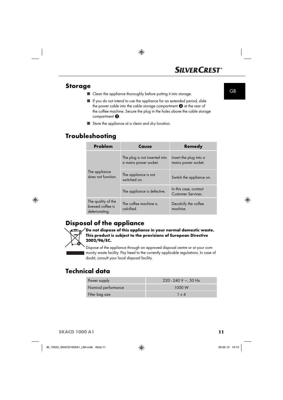 Storage, Troubleshooting, Disposal of the appliance | Technical data | Silvercrest SKACD 1000 A1 User Manual | Page 13 / 55
