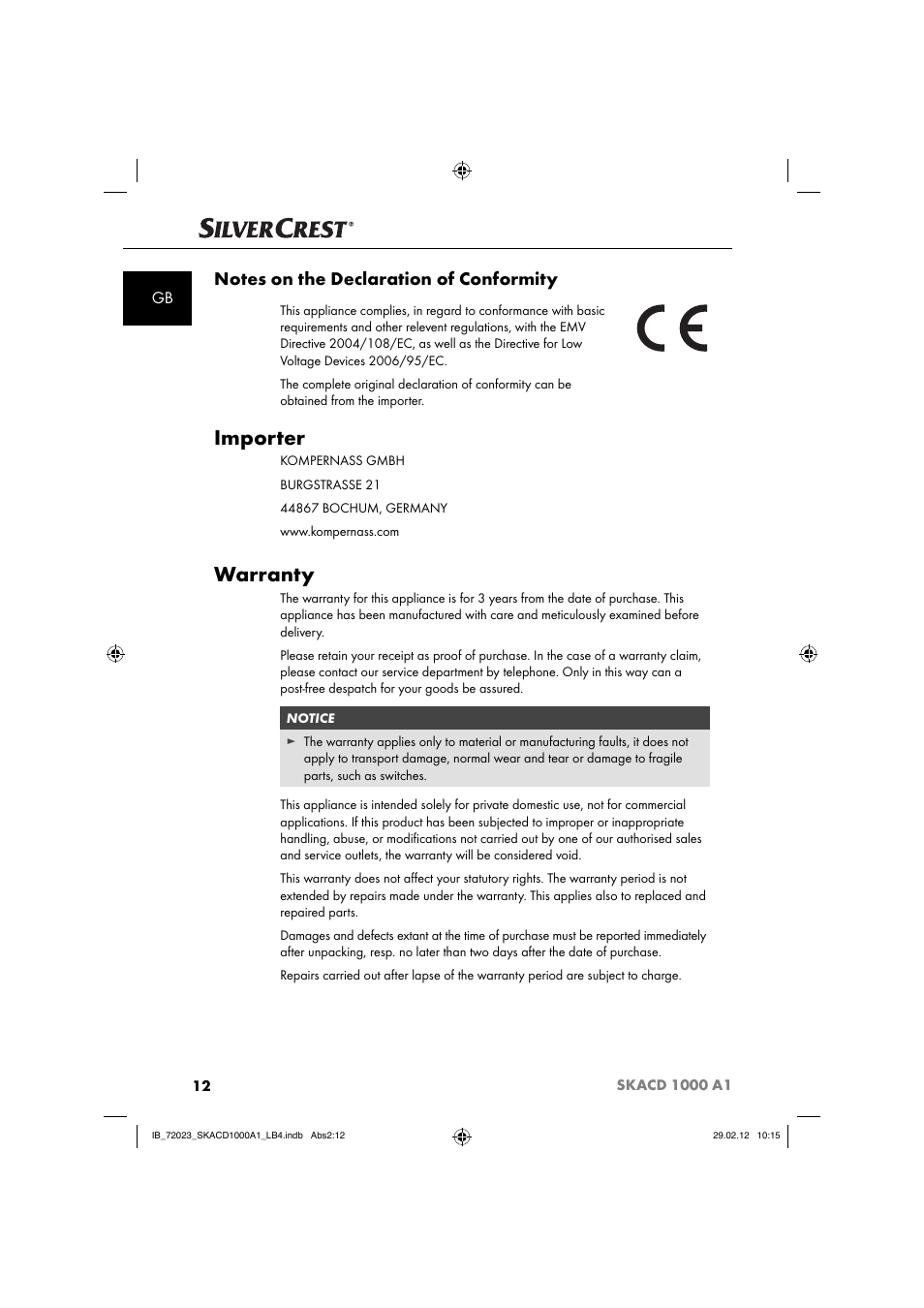 Importer, Warranty | Silvercrest SKACD 1000 A1 User Manual | Page 14 / 55