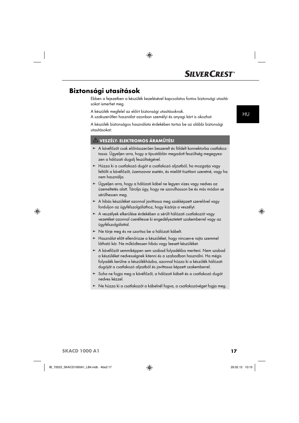 Biztonsági utasítások | Silvercrest SKACD 1000 A1 User Manual | Page 19 / 55