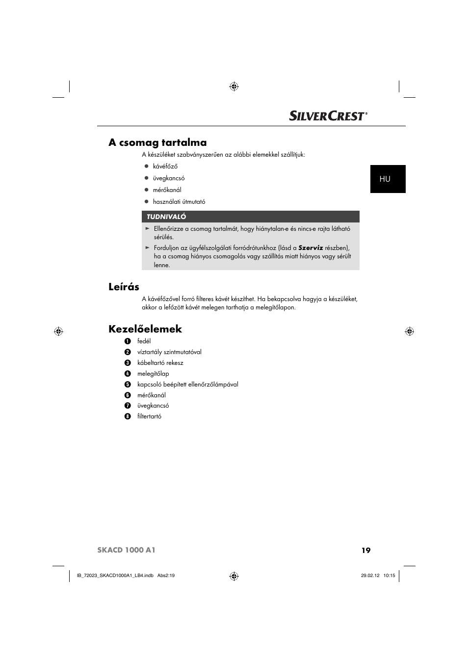A csomag tartalma, Leírás, Kezelőelemek | Silvercrest SKACD 1000 A1 User Manual | Page 21 / 55