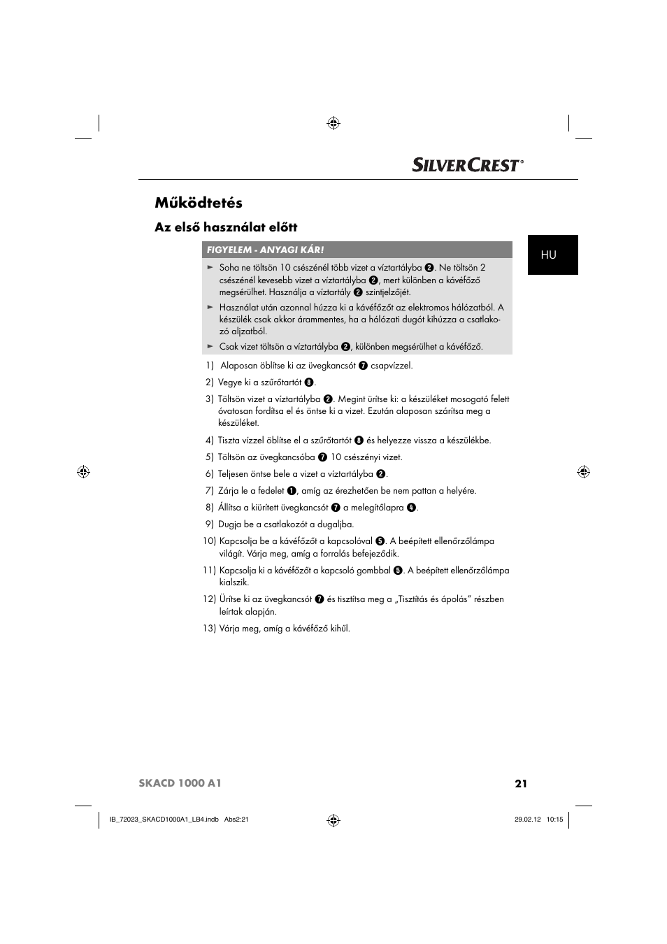 Működtetés, Az első használat előtt | Silvercrest SKACD 1000 A1 User Manual | Page 23 / 55