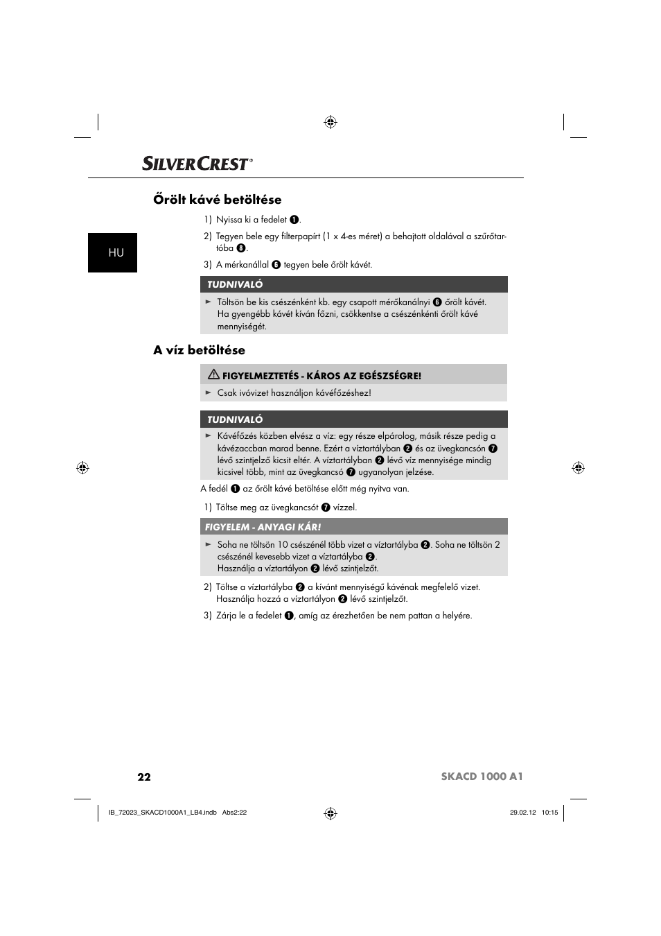 Őrölt kávé betöltése, A víz betöltése | Silvercrest SKACD 1000 A1 User Manual | Page 24 / 55