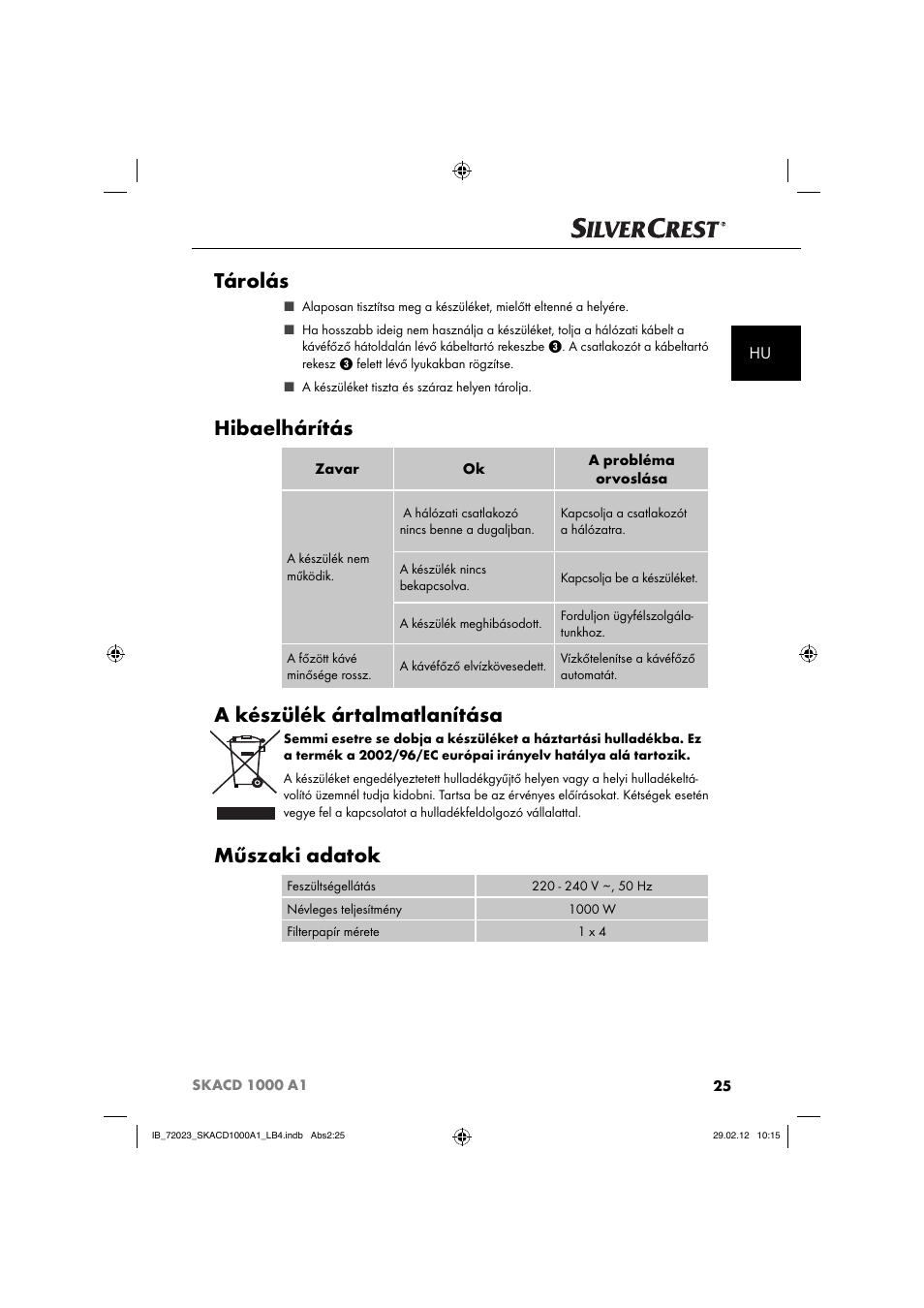 Tárolás, Hibaelhárítás, A készülék ártalmatlanítása | Műszaki adatok | Silvercrest SKACD 1000 A1 User Manual | Page 27 / 55