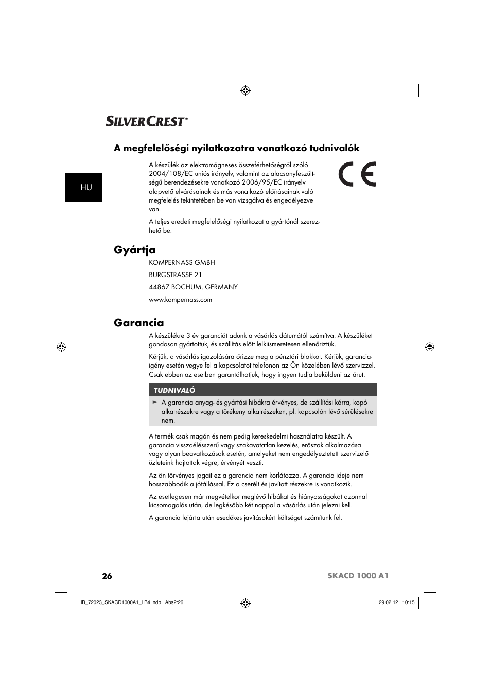 Gyártja, Garancia, A megfelelőségi nyilatkozatra vonatkozó tudnivalók | Silvercrest SKACD 1000 A1 User Manual | Page 28 / 55