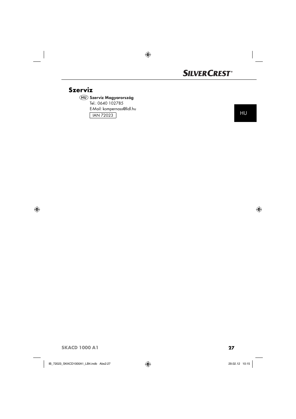 Szerviz | Silvercrest SKACD 1000 A1 User Manual | Page 29 / 55