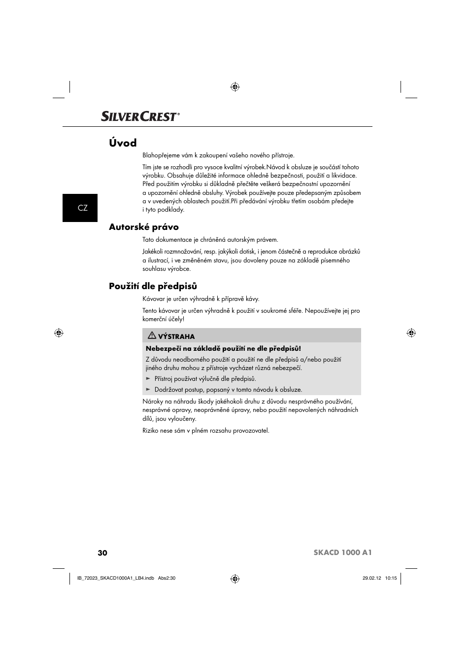 Úvod, Autorské právo, Použití dle předpisů | Silvercrest SKACD 1000 A1 User Manual | Page 32 / 55