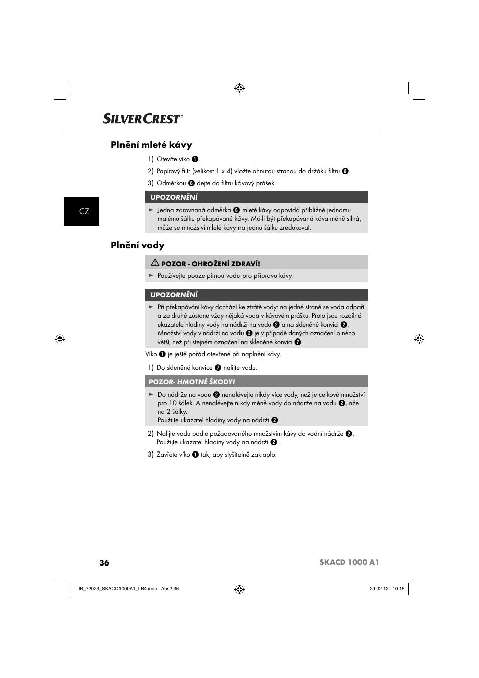 Plnění mleté kávy, Plnění vody | Silvercrest SKACD 1000 A1 User Manual | Page 38 / 55