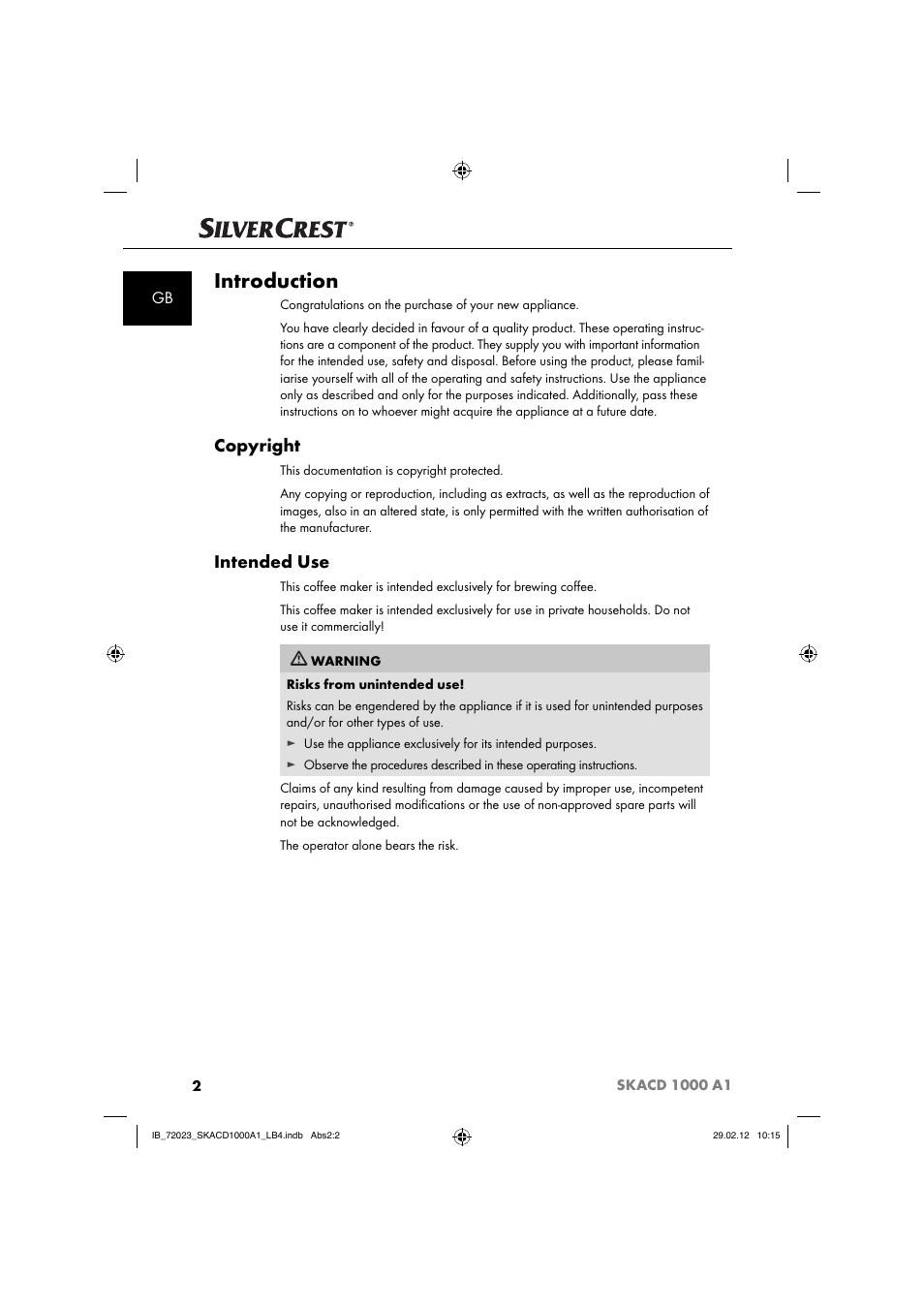 Introduction, Copyright, Intended use | Silvercrest SKACD 1000 A1 User Manual | Page 4 / 55