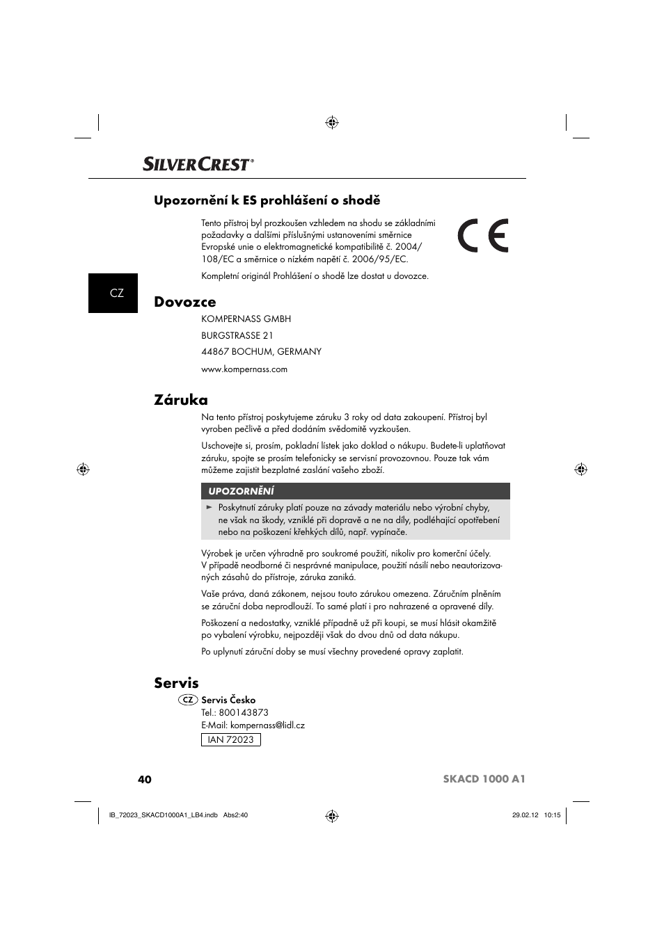 Dovozce, Záruka, Servis | Upozornění k es prohlášení o shodě | Silvercrest SKACD 1000 A1 User Manual | Page 42 / 55
