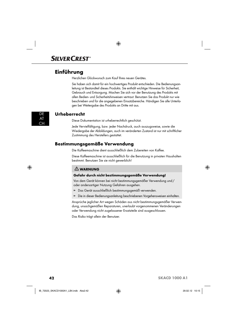 Einführung, Urheberrecht, Bestimmungsgemäße verwendung | De at ch | Silvercrest SKACD 1000 A1 User Manual | Page 44 / 55