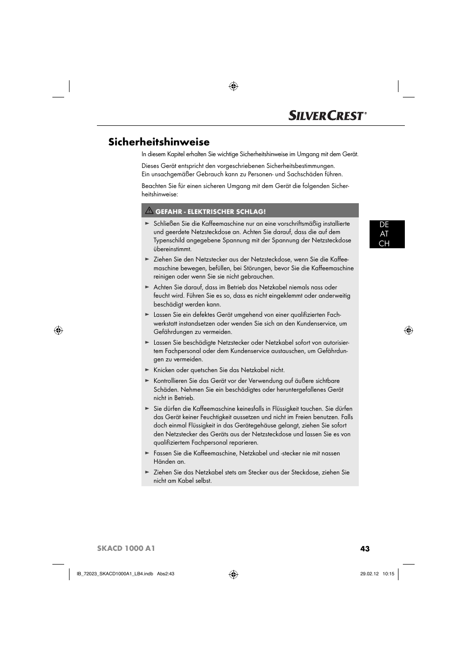 Sicherheitshinweise, De at ch | Silvercrest SKACD 1000 A1 User Manual | Page 45 / 55