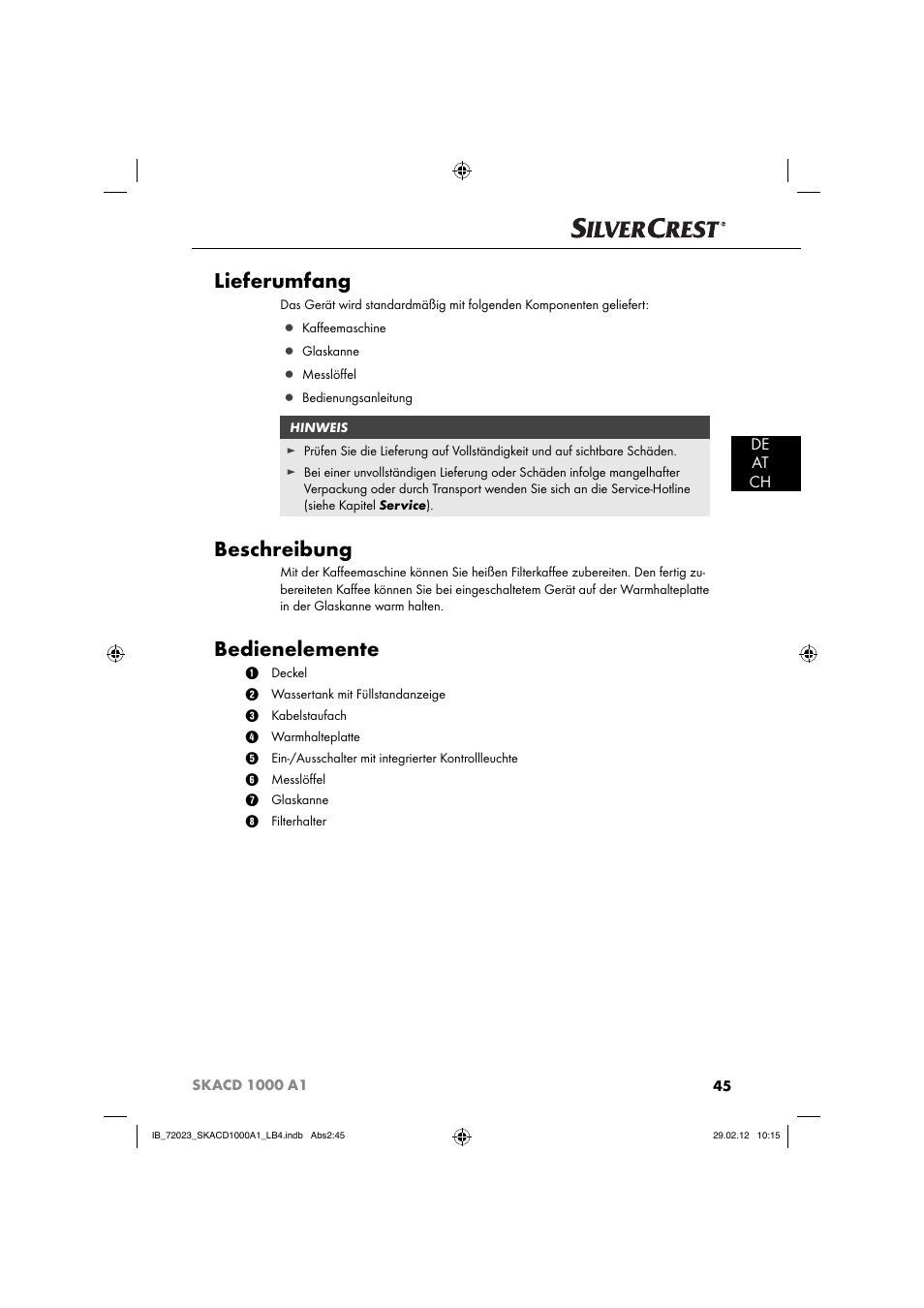 Lieferumfang, Beschreibung, Bedienelemente | De at ch | Silvercrest SKACD 1000 A1 User Manual | Page 47 / 55
