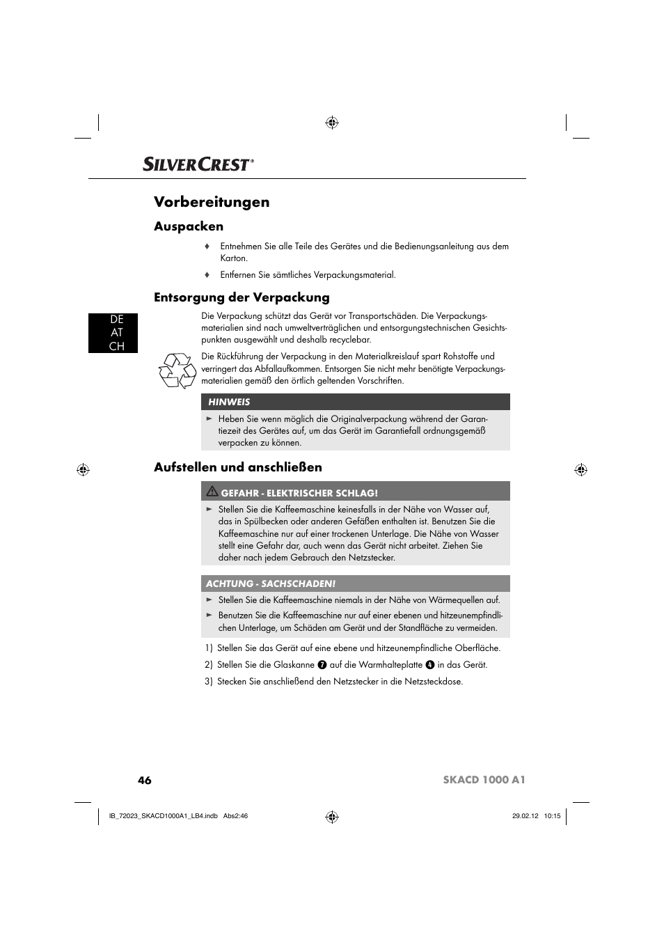 Vorbereitungen, Auspacken, Entsorgung der verpackung | Aufstellen und anschließen, De at ch | Silvercrest SKACD 1000 A1 User Manual | Page 48 / 55