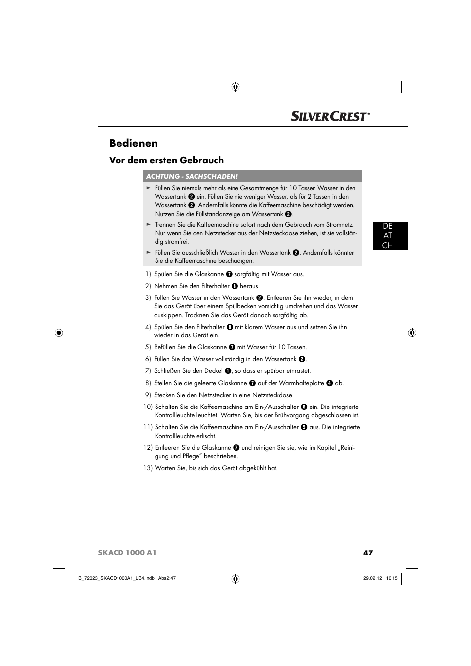 Bedienen, Vor dem ersten gebrauch, De at ch | Silvercrest SKACD 1000 A1 User Manual | Page 49 / 55