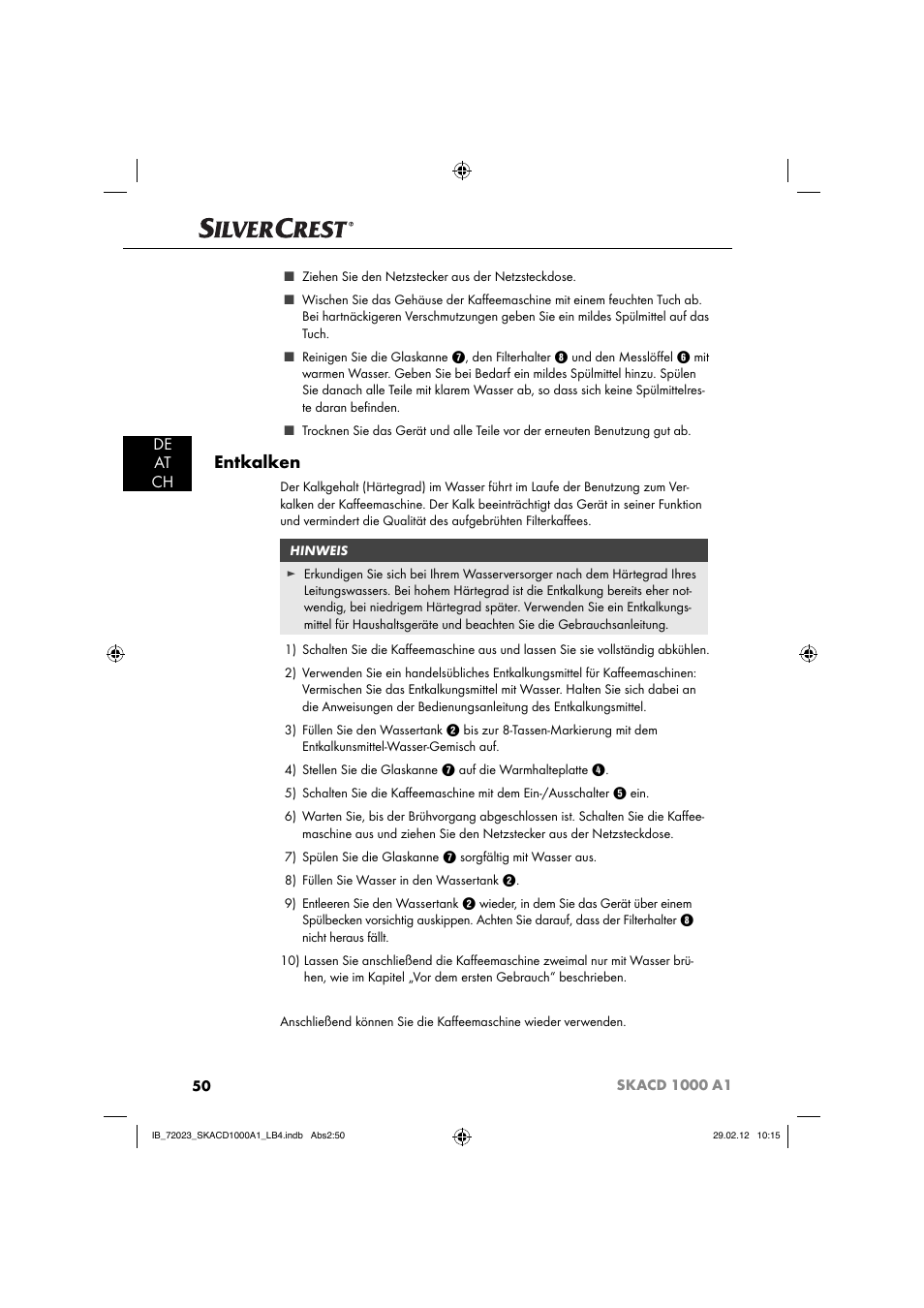 Entkalken, De at ch | Silvercrest SKACD 1000 A1 User Manual | Page 52 / 55