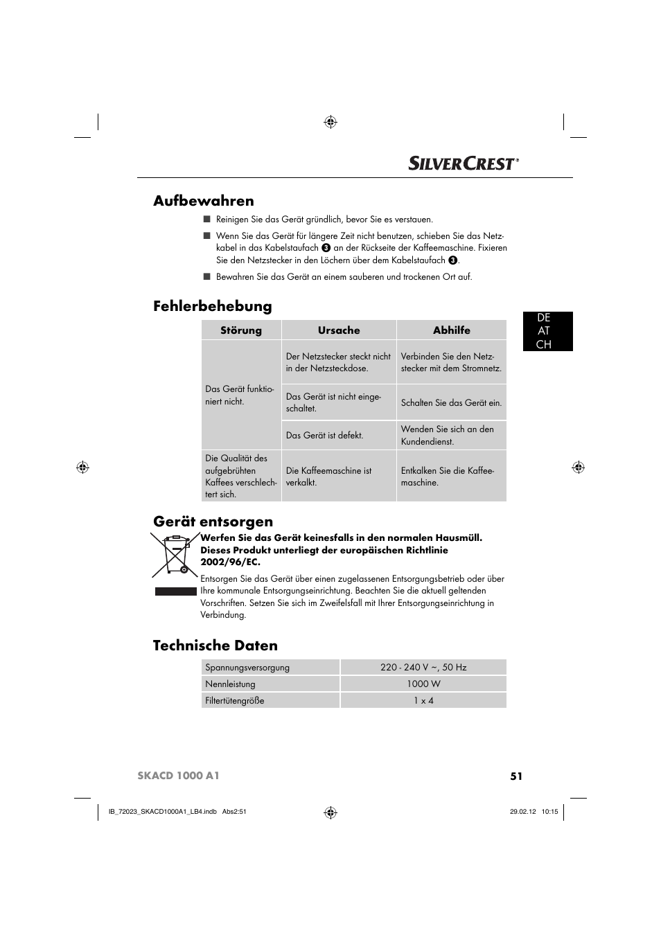 Aufbewahren, Fehlerbehebung, Gerät entsorgen | Technische daten, De at ch | Silvercrest SKACD 1000 A1 User Manual | Page 53 / 55