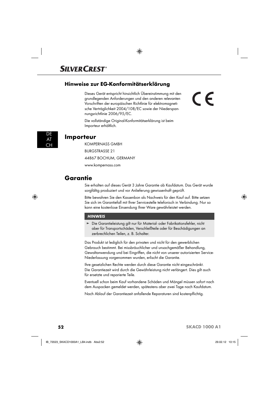 Importeur, Garantie, Hinweise zur eg-konformitätserklärung | De at ch | Silvercrest SKACD 1000 A1 User Manual | Page 54 / 55