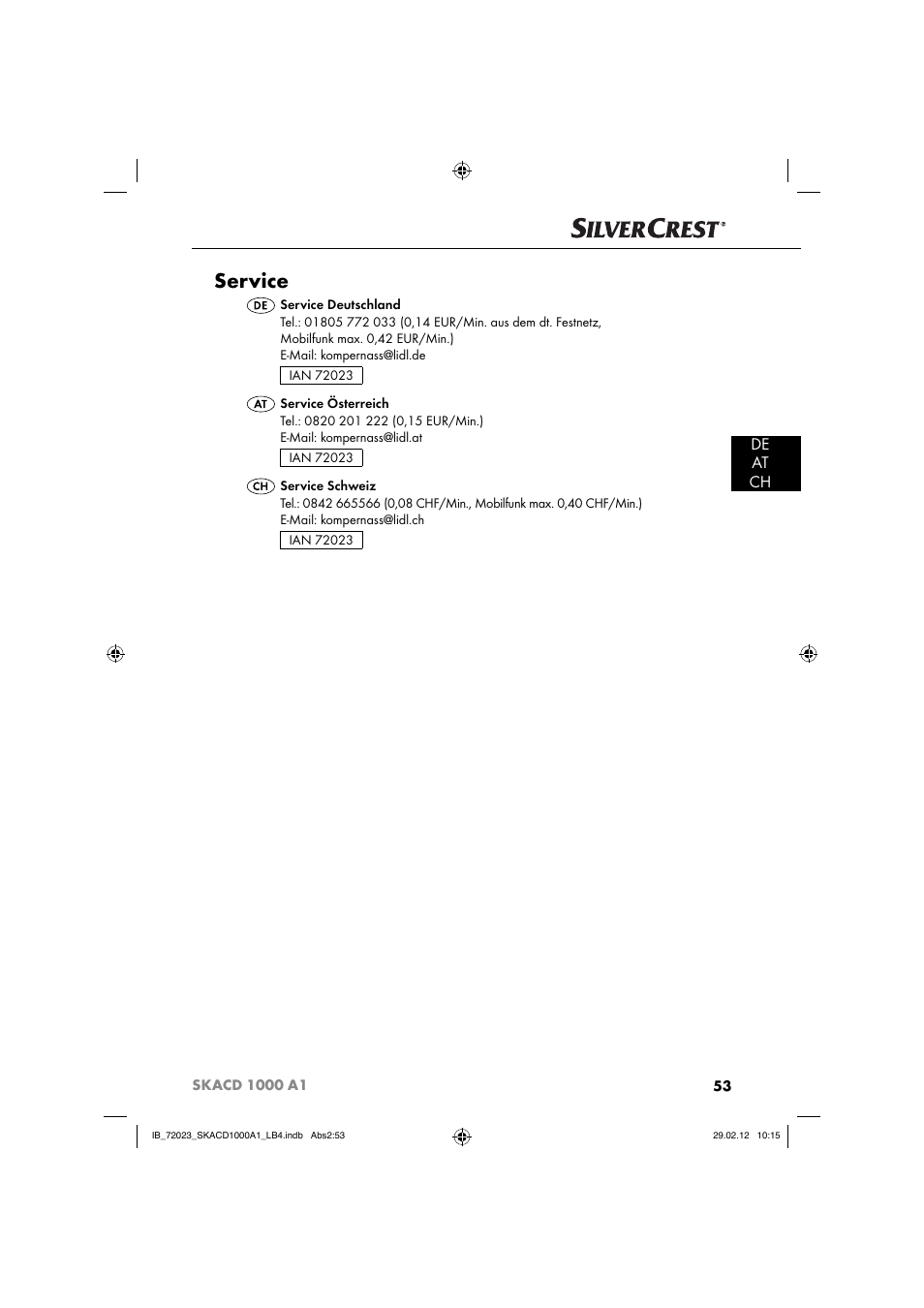 Service, De at ch | Silvercrest SKACD 1000 A1 User Manual | Page 55 / 55