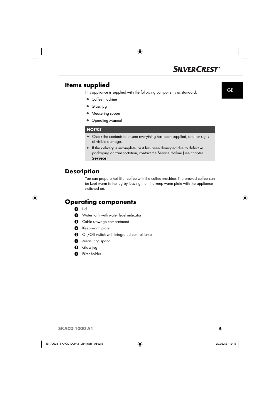 Items supplied, Description, Operating components | Silvercrest SKACD 1000 A1 User Manual | Page 7 / 55