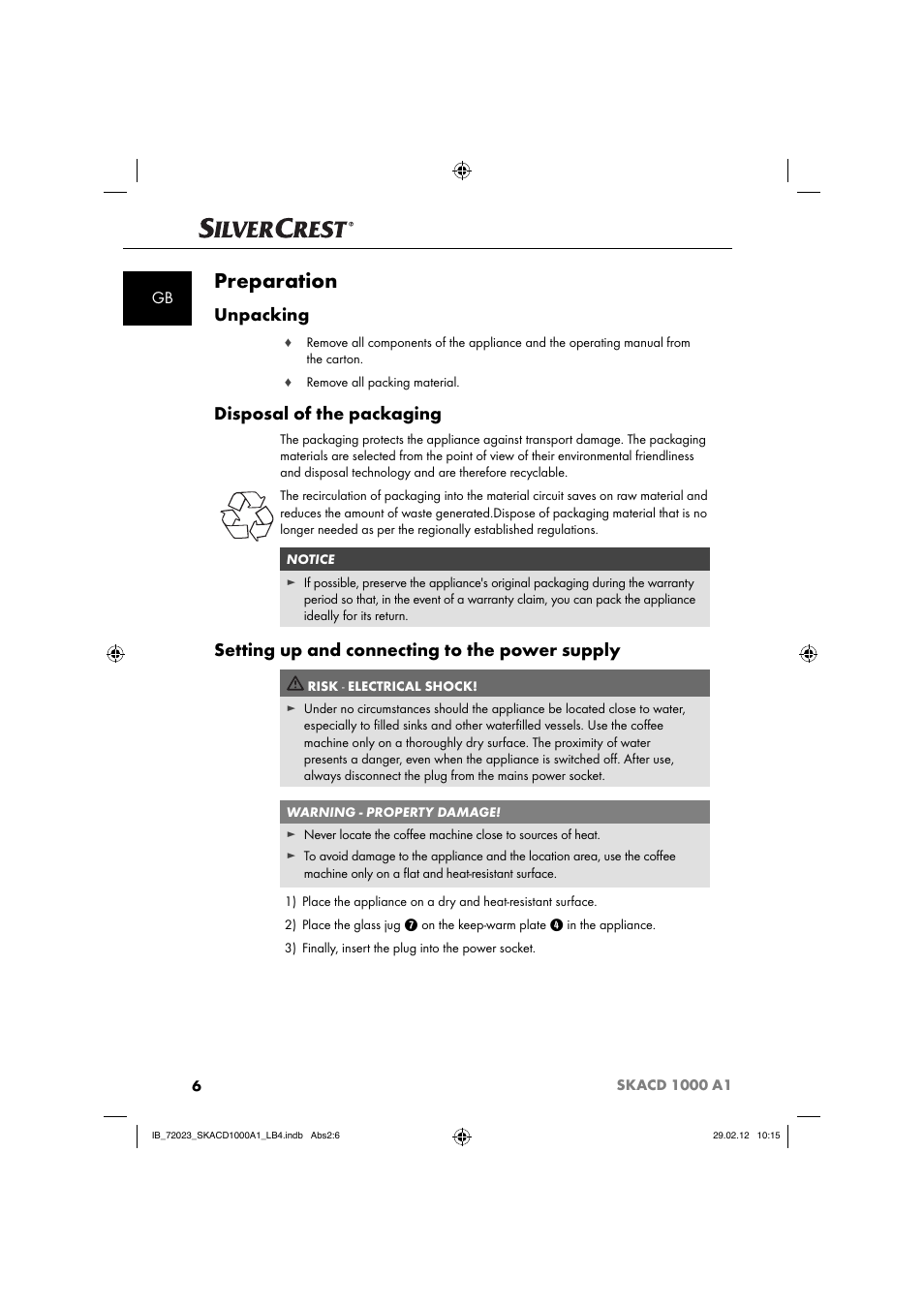 Preparation, Unpacking, Disposal of the packaging | Setting up and connecting to the power supply | Silvercrest SKACD 1000 A1 User Manual | Page 8 / 55