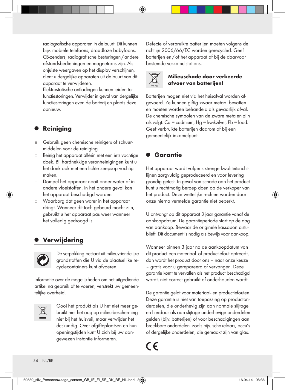 Reiniging, Verwijdering, Garantie | Silvercrest Z30936/Z30936A User Manual | Page 34 / 40