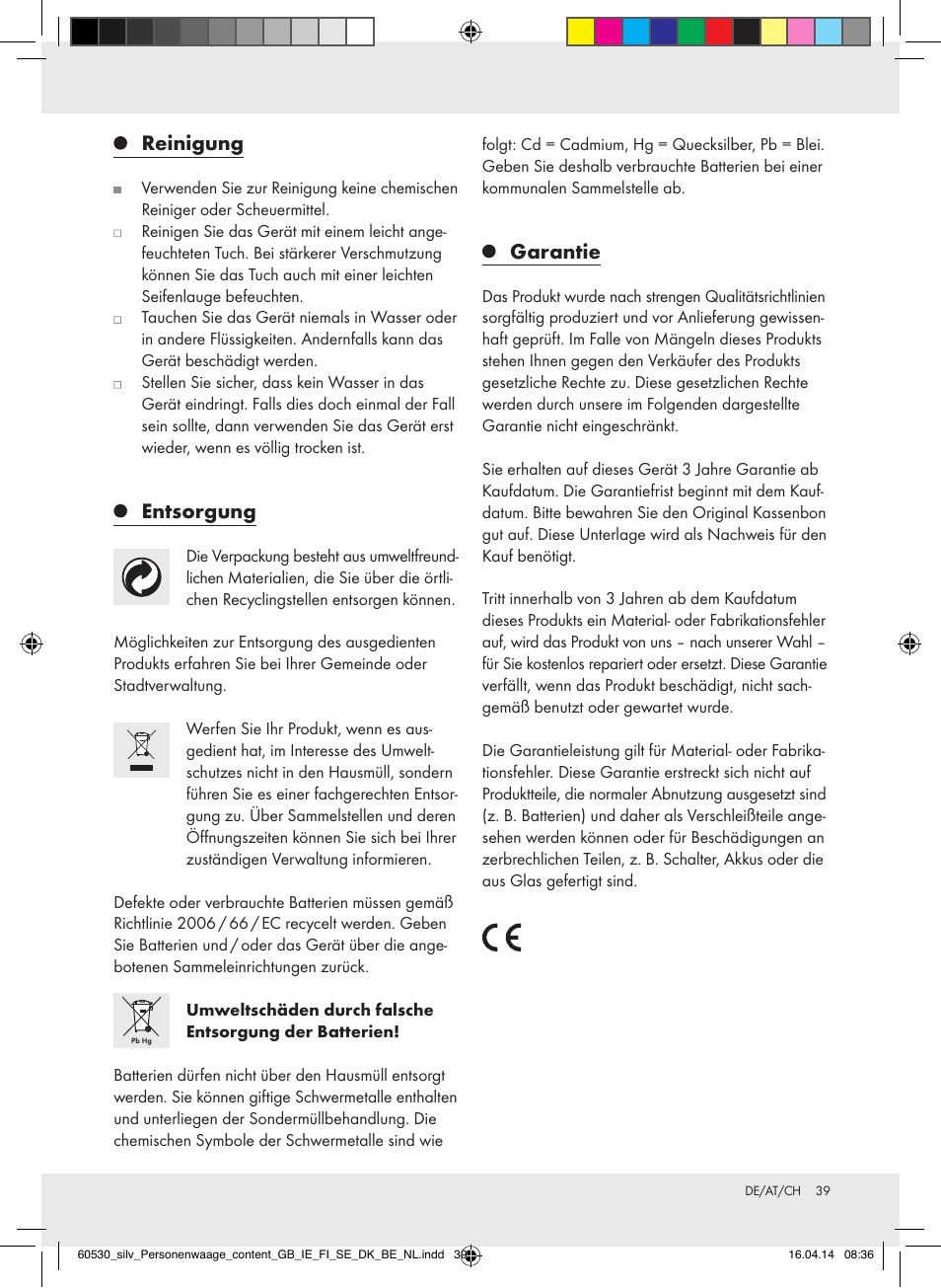 Reinigung, Entsorgung, Garantie | Silvercrest Z30936/Z30936A User Manual | Page 39 / 40