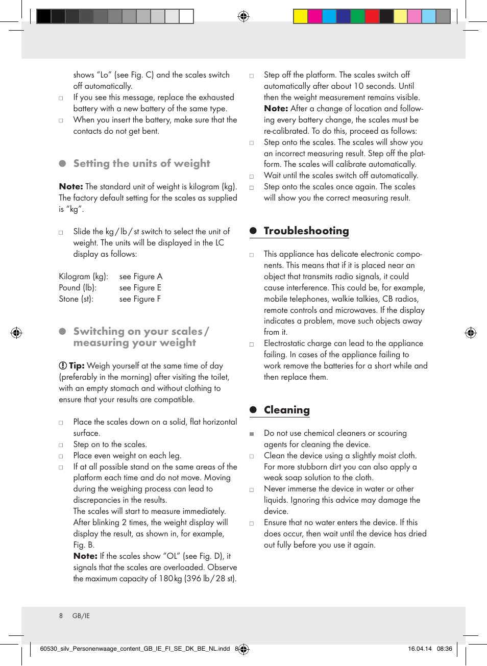 Setting the units of weight, Switching on your scales / measuring your weight, Troubleshooting | Cleaning | Silvercrest Z30936/Z30936A User Manual | Page 8 / 40