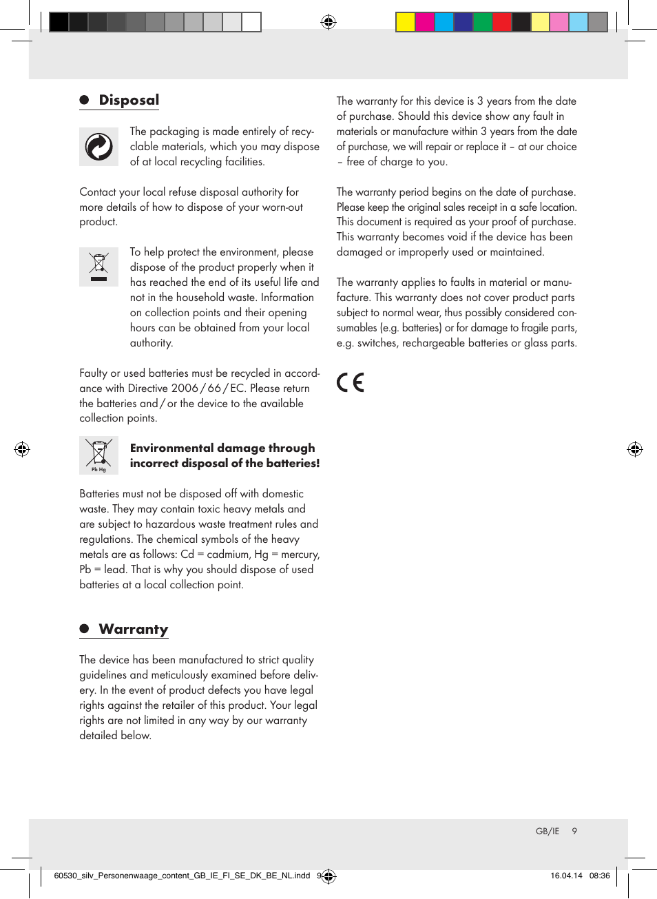 Disposal, Warranty | Silvercrest Z30936/Z30936A User Manual | Page 9 / 40