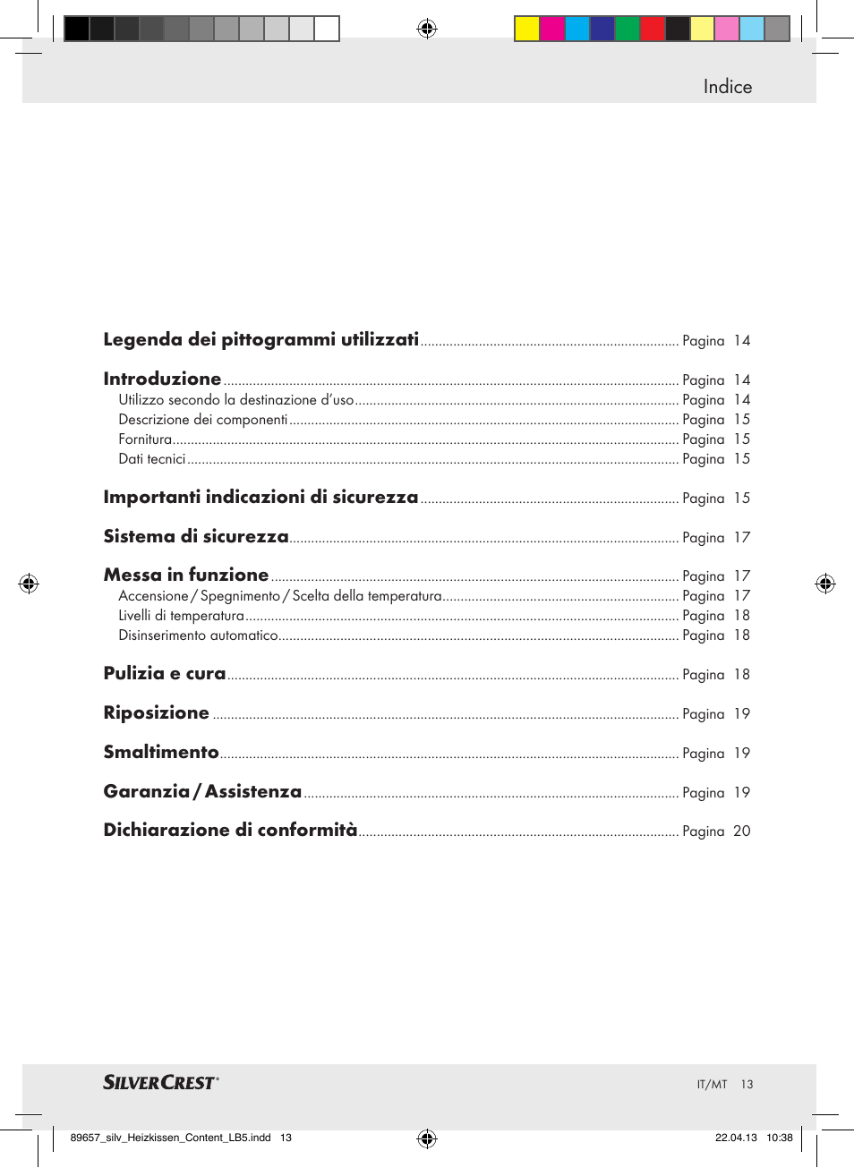 Indice | Silvercrest SHBR 100 B2 User Manual | Page 13 / 45