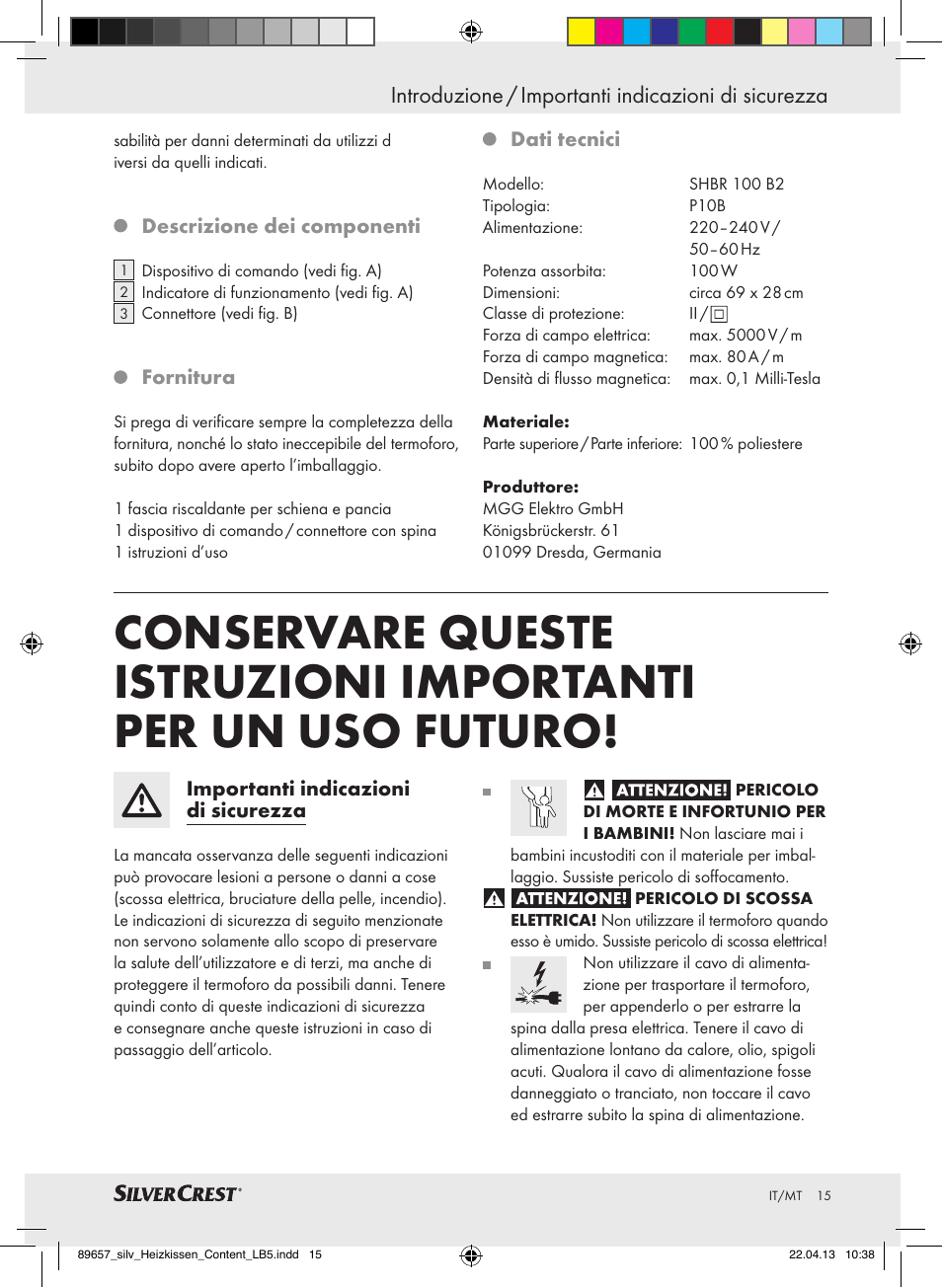 Introduzione / importanti indicazioni di sicurezza | Silvercrest SHBR 100 B2 User Manual | Page 15 / 45