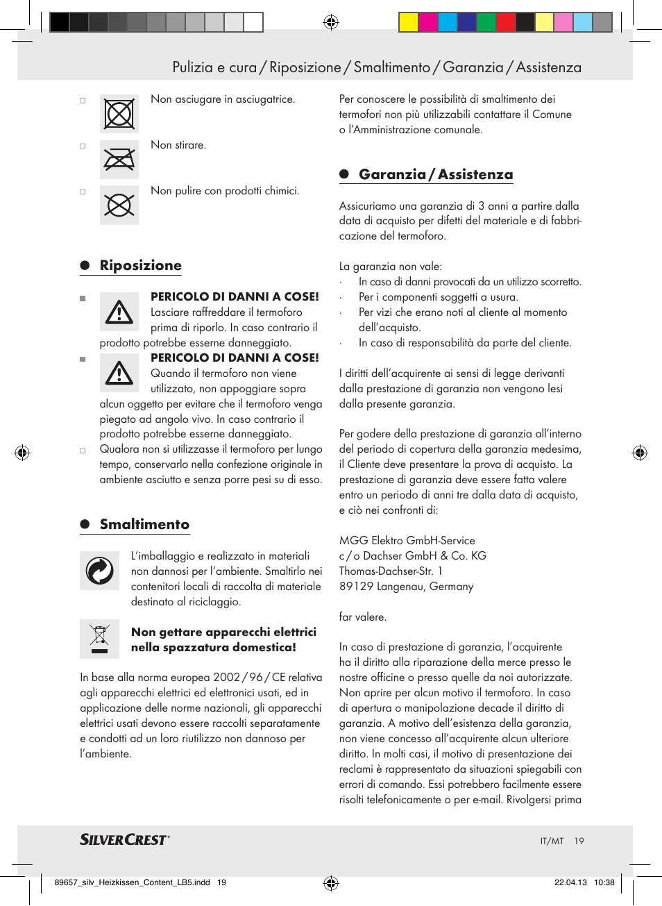 Riposizione, Smaltimento, Garanzia / assistenza | Silvercrest SHBR 100 B2 User Manual | Page 19 / 45