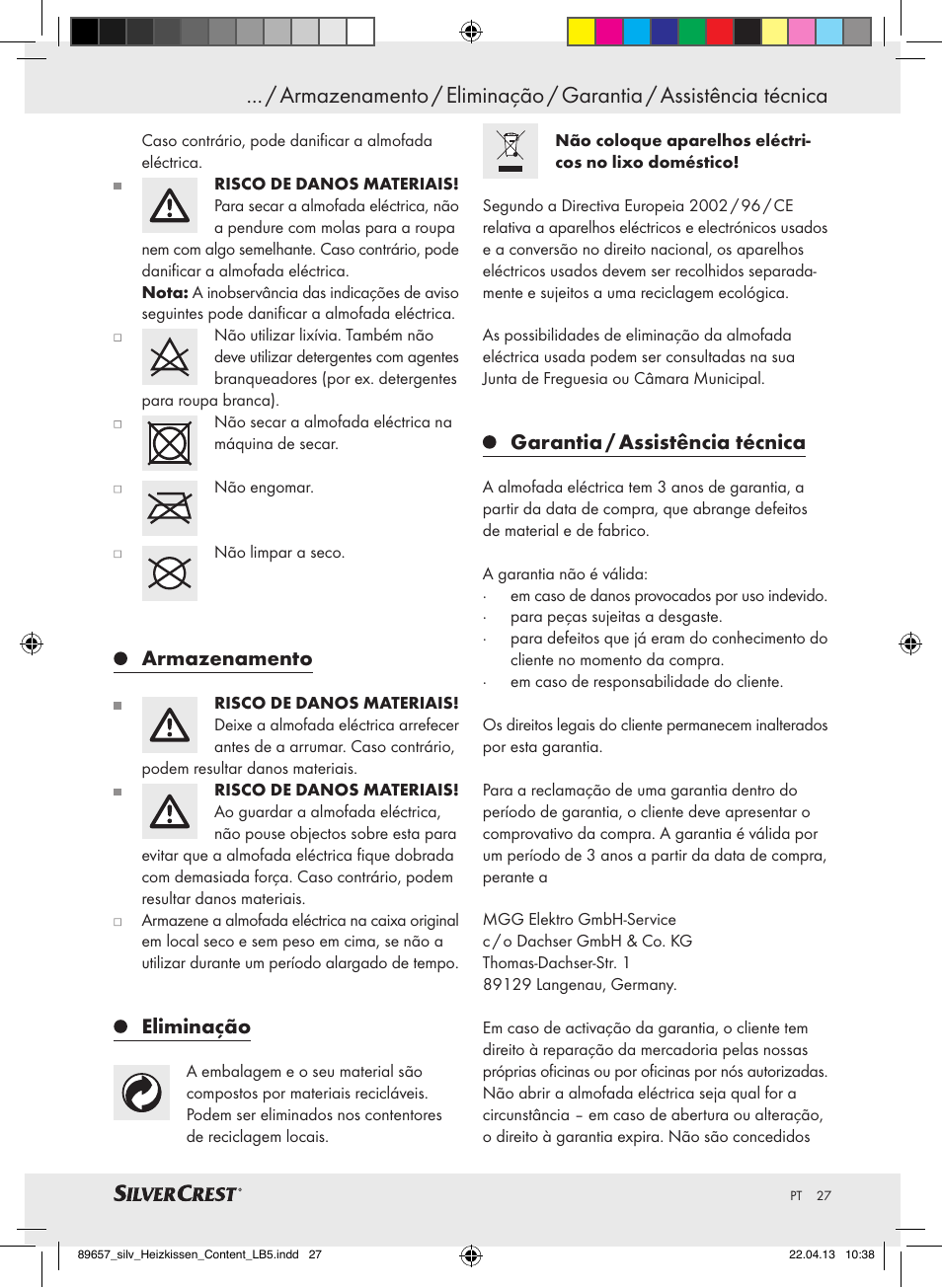 Armazenamento, Eliminação, Garantia / assistência técnica | Silvercrest SHBR 100 B2 User Manual | Page 27 / 45