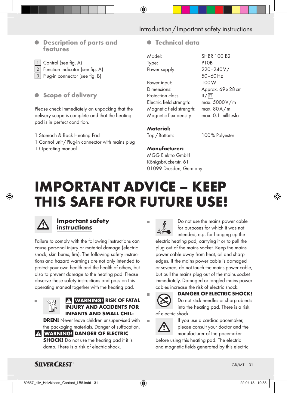 Important advice – keep this safe for future use, Introduction / important safety instructions | Silvercrest SHBR 100 B2 User Manual | Page 31 / 45