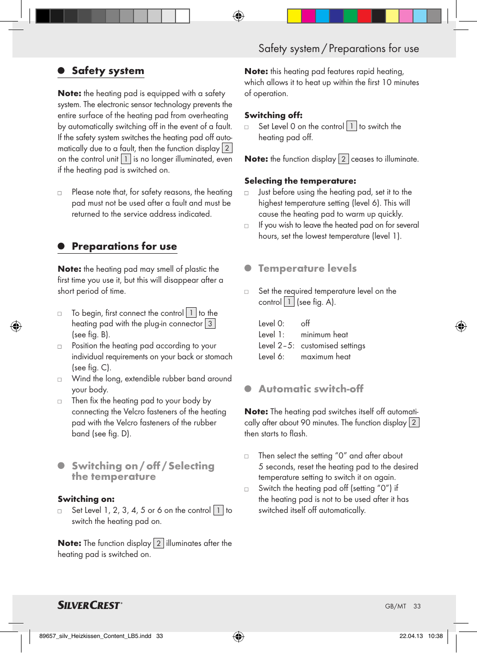 Safety system / preparations for use, Safety system, Preparations for use | Switching on / off / selecting the temperature, Temperature levels, Automatic switch-off | Silvercrest SHBR 100 B2 User Manual | Page 33 / 45