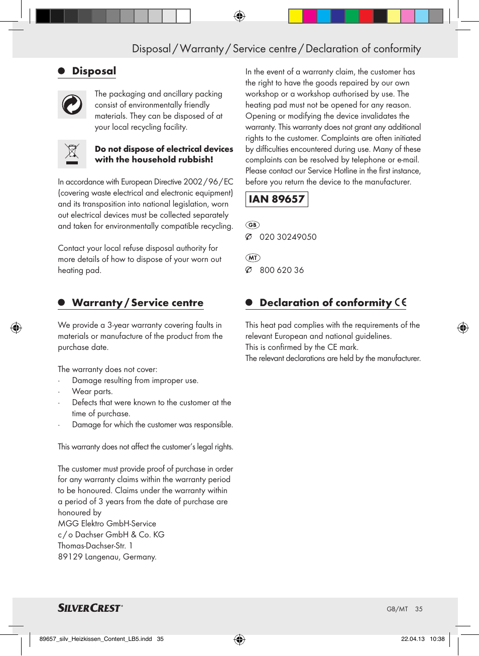 Disposal, Warranty / service centre, Declaration of conformity | Silvercrest SHBR 100 B2 User Manual | Page 35 / 45