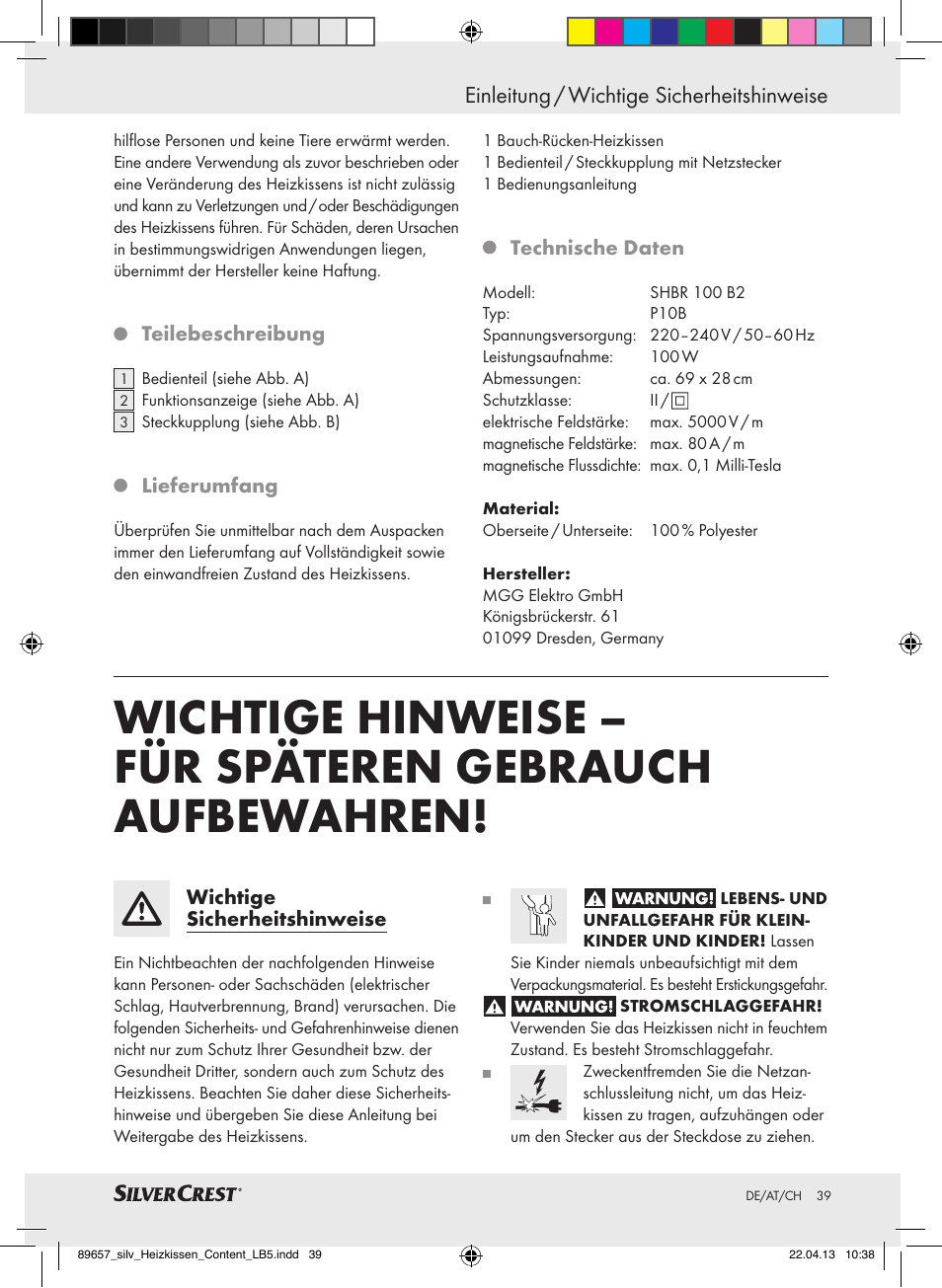 Einleitung / wichtige sicherheitshinweise | Silvercrest SHBR 100 B2 User Manual | Page 39 / 45