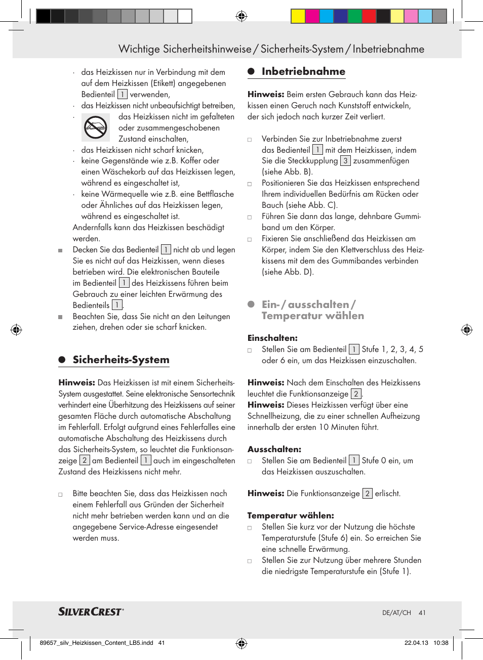 Sicherheits-system, Inbetriebnahme, Ein- / ausschalten / temperatur wählen | Silvercrest SHBR 100 B2 User Manual | Page 41 / 45