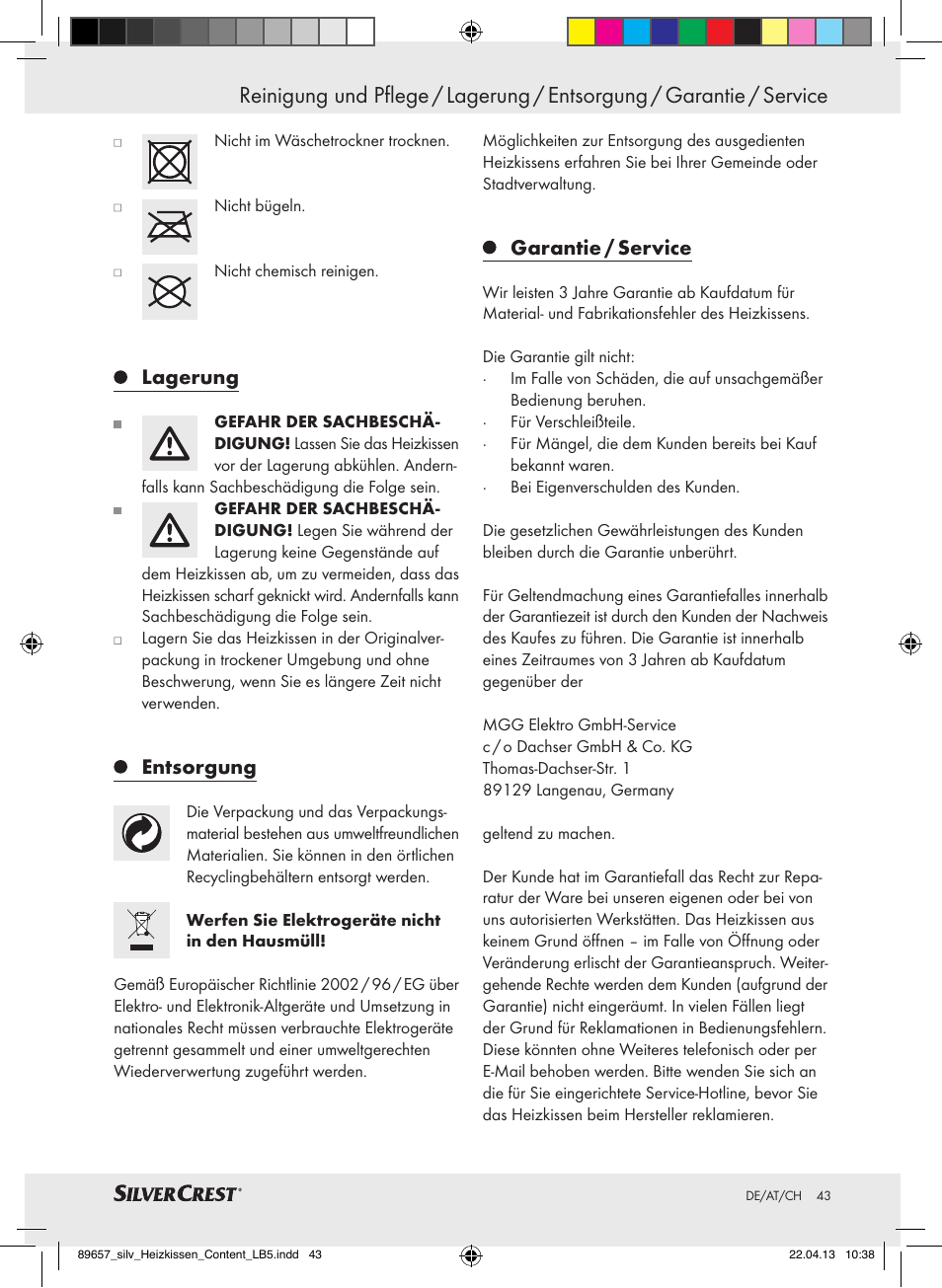 Lagerung, Entsorgung, Garantie / service | Silvercrest SHBR 100 B2 User Manual | Page 43 / 45