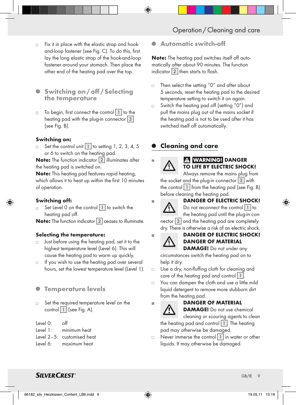 Operation / cleaning and care, Switching on / off / selecting the temperature, Temperature levels | Automatic switch-off, Cleaning and care | Silvercrest SHBR 100 A2 User Manual | Page 5 / 8