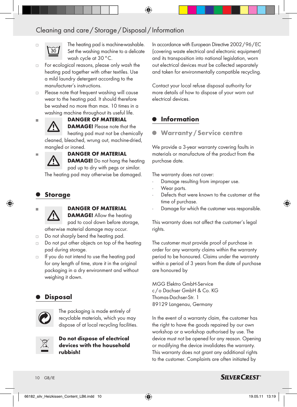 Storage, Disposal, Information warranty / service centre | Silvercrest SHBR 100 A2 User Manual | Page 6 / 8