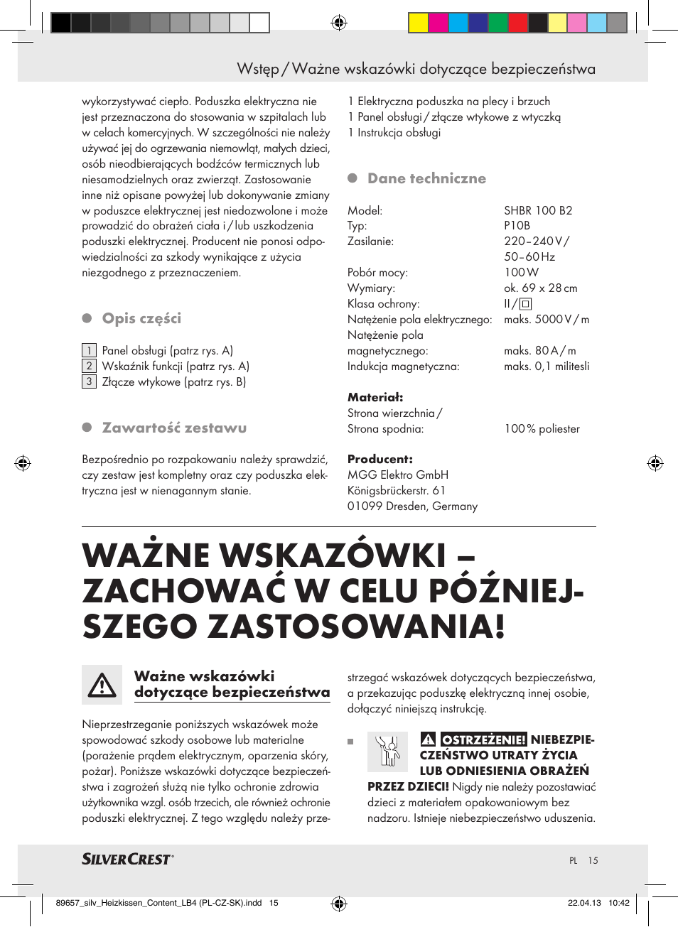 Wstęp / ważne wskazówki dotyczące bezpieczeństwa | Silvercrest SHBR 100 B2 User Manual | Page 15 / 45