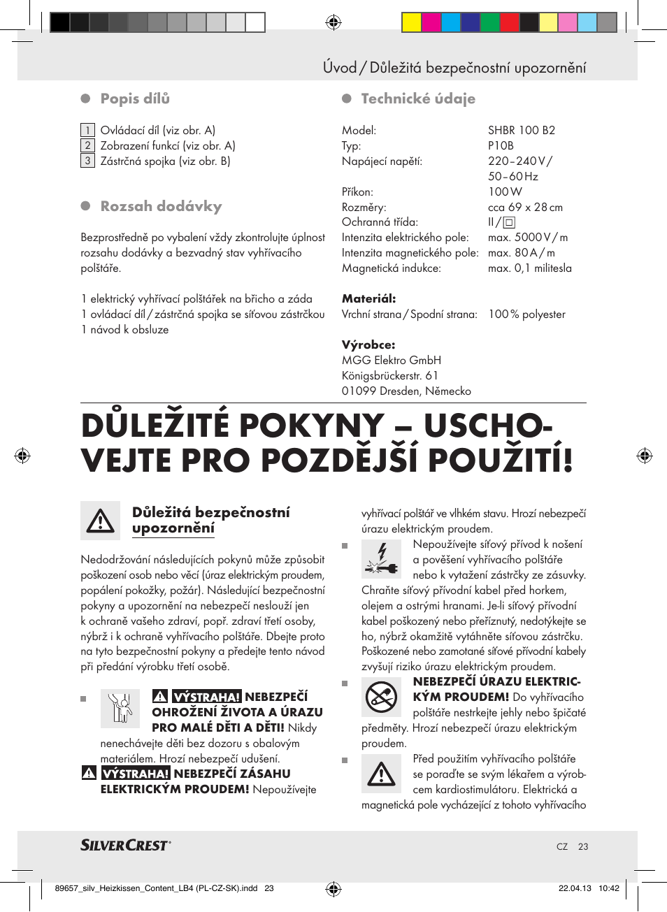 Úvod / důležitá bezpečnostní upozornění | Silvercrest SHBR 100 B2 User Manual | Page 23 / 45