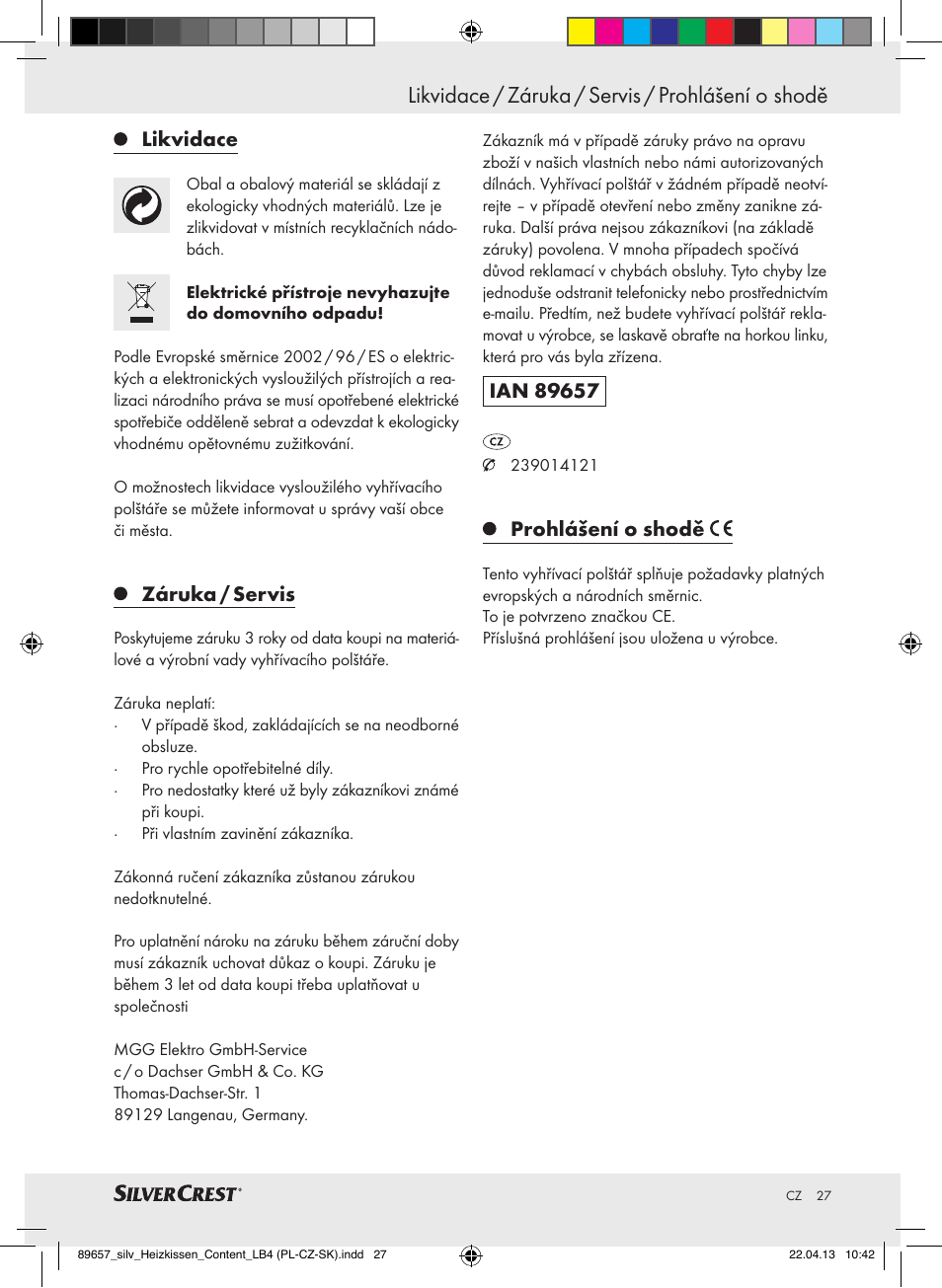 Likvidace / záruka / servis / prohlášení o shodě, Likvidace, Záruka / servis | Prohlášení o shodě | Silvercrest SHBR 100 B2 User Manual | Page 27 / 45