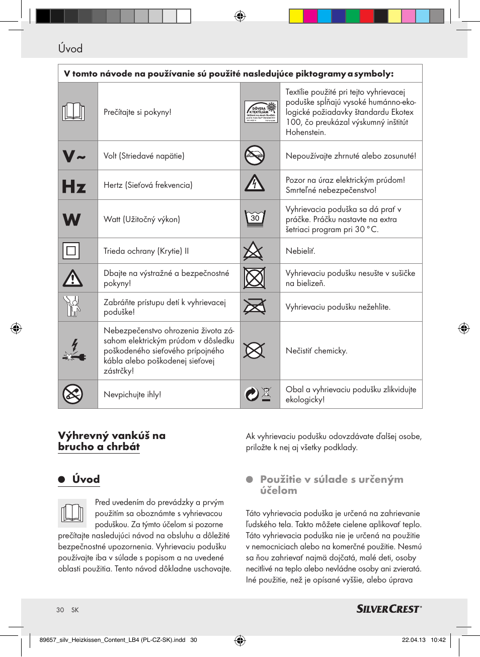 Úvod, Výhrevný vankúš na brucho a chrbát úvod, Použitie v súlade s určeným účelom | Silvercrest SHBR 100 B2 User Manual | Page 30 / 45