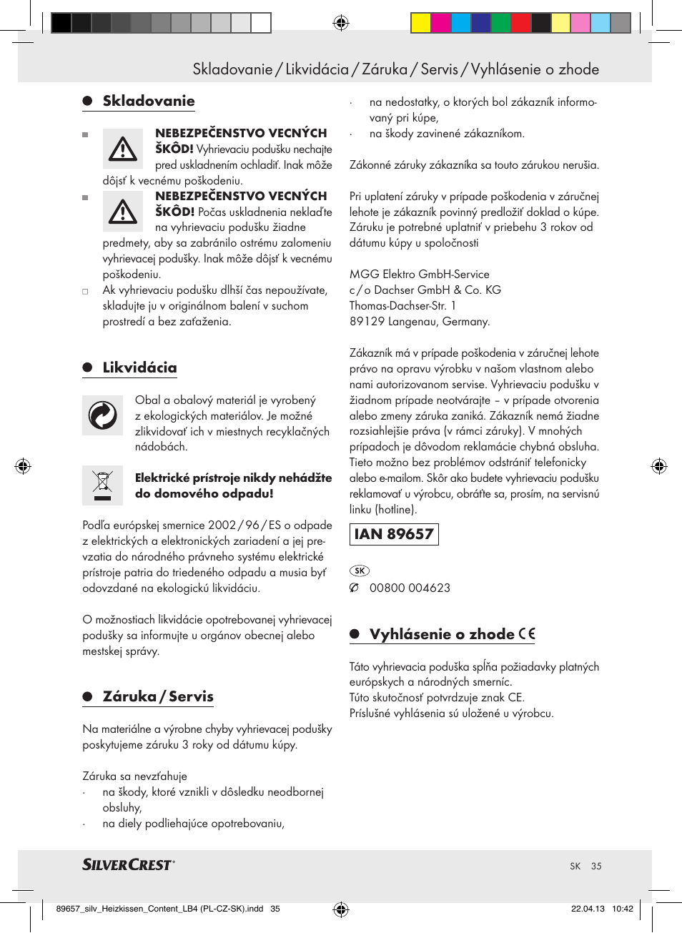 Skladovanie, Likvidácia, Záruka / servis | Vyhlásenie o zhode | Silvercrest SHBR 100 B2 User Manual | Page 35 / 45