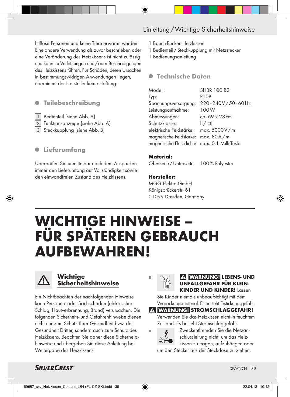 Einleitung / wichtige sicherheitshinweise | Silvercrest SHBR 100 B2 User Manual | Page 39 / 45