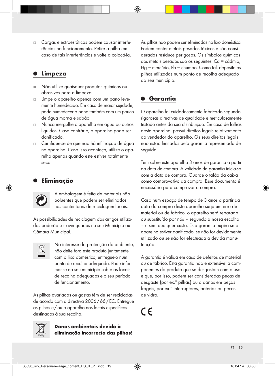 Limpeza, Eliminação, Garantia | Silvercrest Z30936/Z30936A User Manual | Page 19 / 30