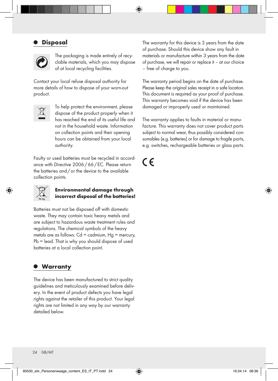 Disposal, Warranty | Silvercrest Z30936/Z30936A User Manual | Page 24 / 30