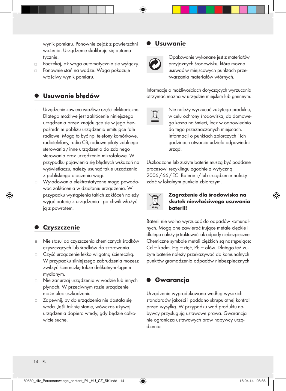 Usuwanie błędów, Czyszczenie, Usuwanie | Gwarancja | Silvercrest Z30936/Z30936A User Manual | Page 14 / 42