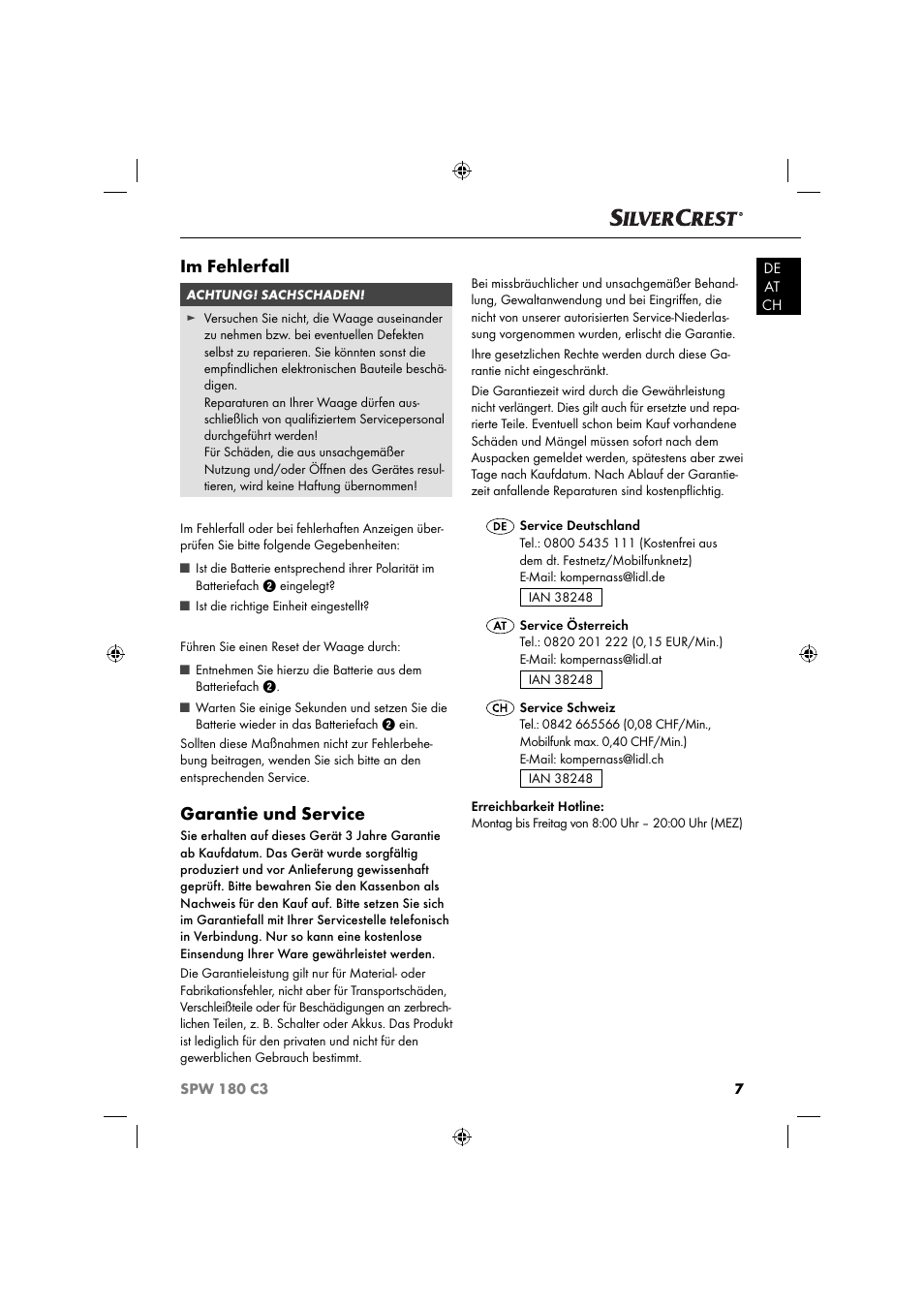 Im fehlerfall, Garantie und service | Silvercrest SPW 180 C3 User Manual | Page 10 / 44